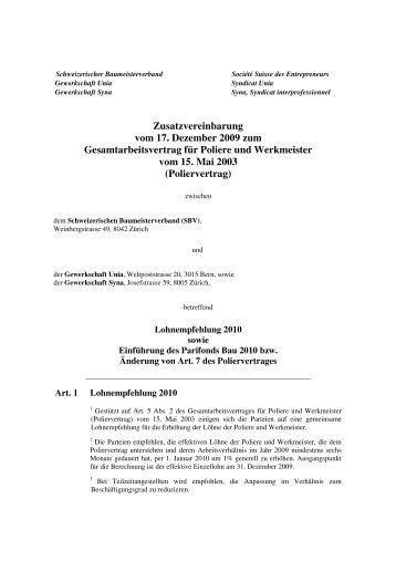 Bauhauptgewerbe Poliervertrag Zusatzvereinbarung 2010