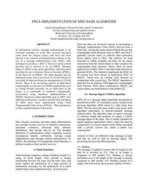 FPGA IMPLEMENTATION OF MD5 HASH ALGORITHM