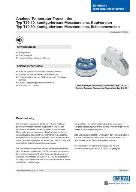 Analoge Temperatur-Transmitter Typ T19.10, konfigurierbare ...