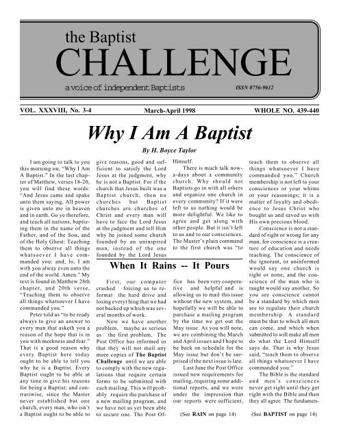 Why I Am A Baptist - The Baptist Challenge