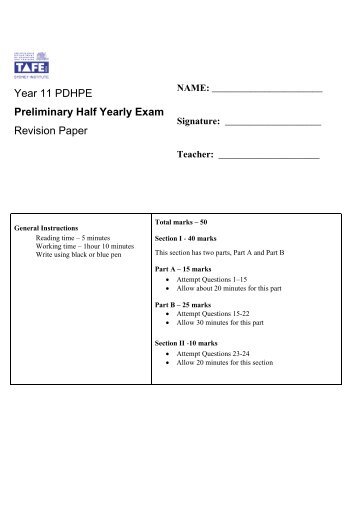 Year 11 PDHPE Preliminary Half Yearly Exam Revision Paper