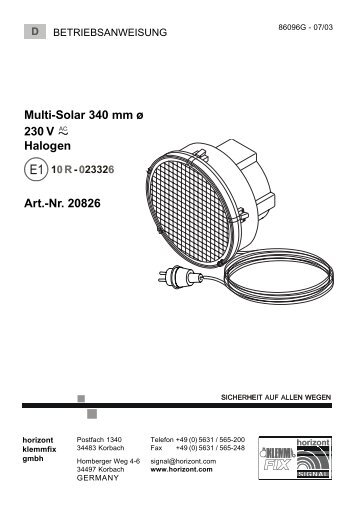 Multi-Solar 340 mm ÃƒÂ¸ 230 V Halogen Art.-Nr ... - Horizont Klemmfix