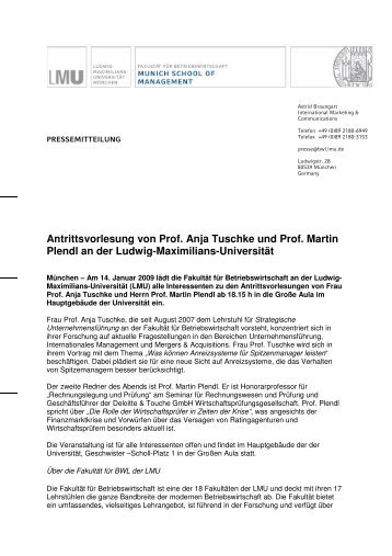 Antrittsvorlesung von Prof. Anja Tuschke und Prof. Martin Plendl an ...