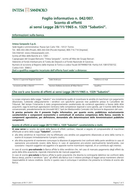 Foglio informativo n. 042/007. Sconto di effetti ai ... - Intesa Sanpaolo.