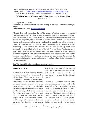 Caffeine Content of Cocoa and Coffee Beverages in Lagos, Nigeria ...