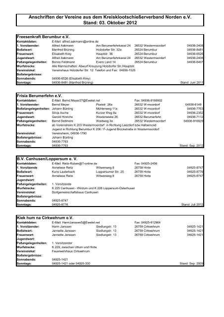 Anschriften der Vereine aus dem ... - KV Norden