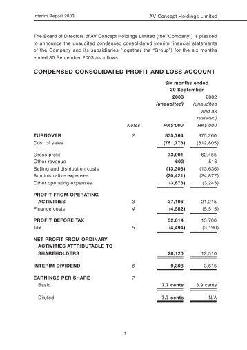 condensed consolidated profit and loss account - AV Concept ...
