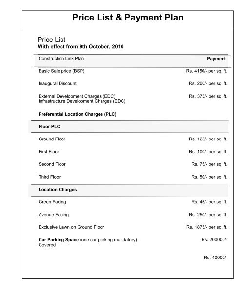 Price List & Payment Plan Real Estate India