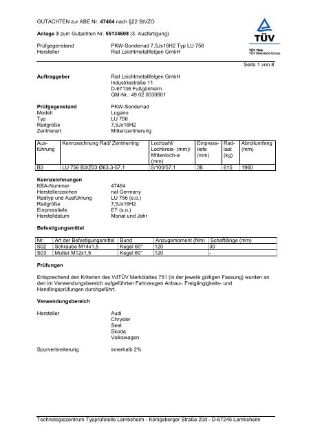 GUTACHTEN zur ABE Nr. 47464 nach Â§22 StVZO Anlage 3 zum ...