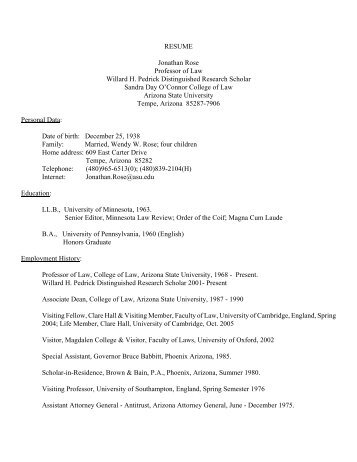 RESUME Jonathan Rose Professor of Law Willard H. Pedrick ...