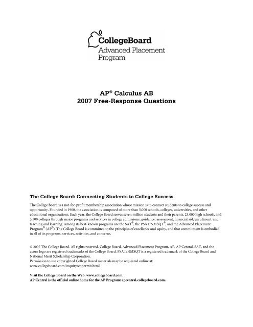 Apa Calculus Ab 2007 Free Response Questions Warren Hills