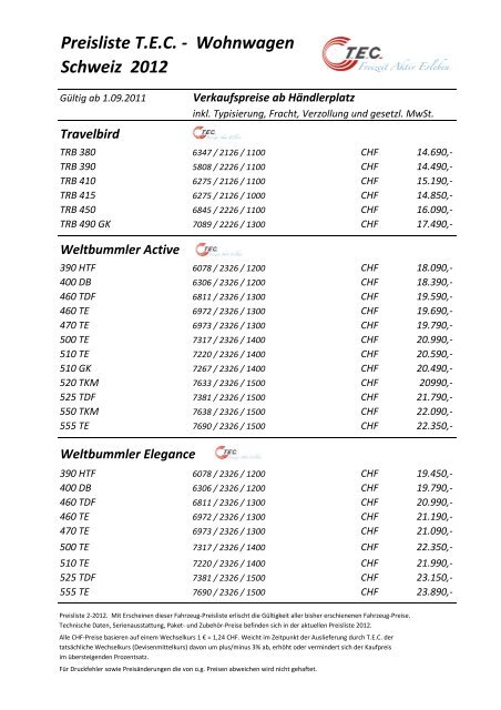 TEC-VK Preise WW CH 1-2012 Einleger - bei Top Caravan