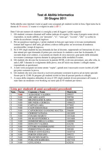 Test di AbilitÃ  Informatica 20 Giugno 2011 Lista per studenti di anni ...