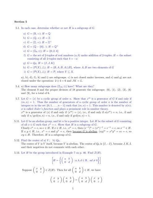 Section 5 5.1. In each case, determine whether or not H is a ...