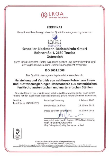 ISO 9001/2008 - Schoeller-Bleckmann Edelstahlrohr AG