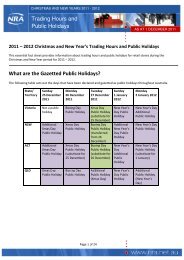 Trading Hours and Public Holidays AS AT 1 DECEMBER 2011