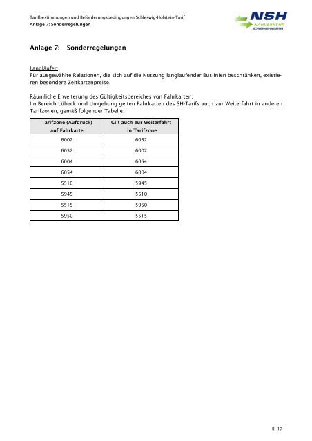 Tarifbestimmungen zum SH-Tarif