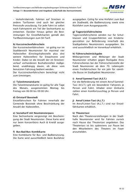 Tarifbestimmungen zum SH-Tarif