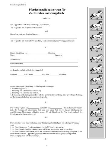 Pferdeeinstellungsvertrag für Zuchtstuten und Jungpferde - Lipperthof