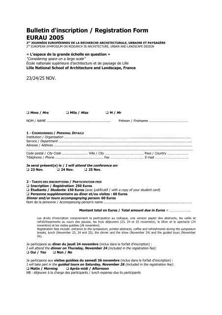 Bulletin d'inscription / Registration Form EURAU 2005 - Ramau
