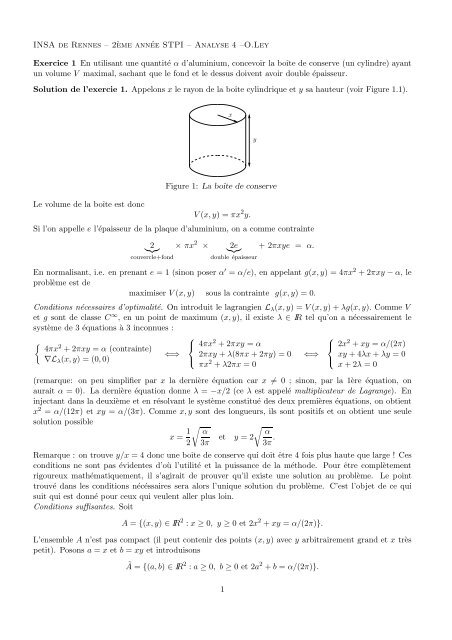 INSA de Rennes â 2`eme annÃ©e STPI â Analyse 4 âO.Ley Exercice ...