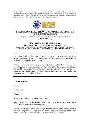 Disposal Of 25% Equity Interest In Telstra Technology ... - QuamIR