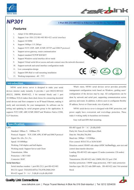 NP301 1 Port RS-232/485/422 to Ethernet Serial Server ... - Telkolink