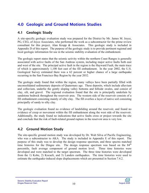 Dingee Reservoir Final Seismic Report - East Bay Municipal Utility ...