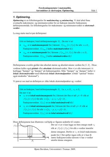 Bruk av derivasjon. Optimering. - Universitetet i TromsÃ¸