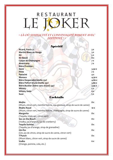 Une carte pour rÃ©galer â€¦ Petits et Grands - Restaurant Bar Le Joker