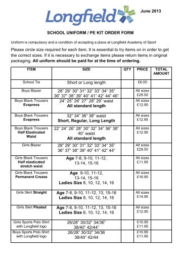 SCHOOL UNIFORM ORDER FORM - Longfield School