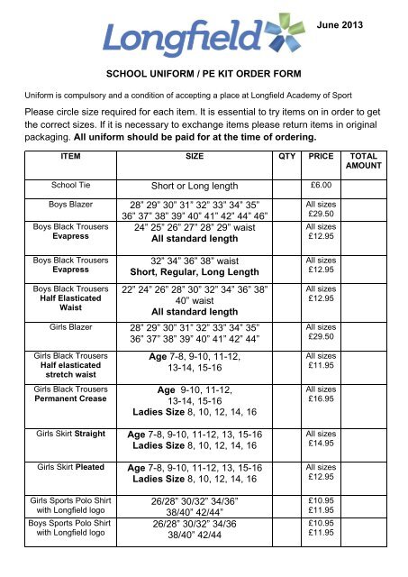 SCHOOL UNIFORM ORDER FORM - Longfield School