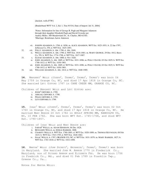 Descendants of Thomas Wells, Sr. - Genealogy Pit Stop