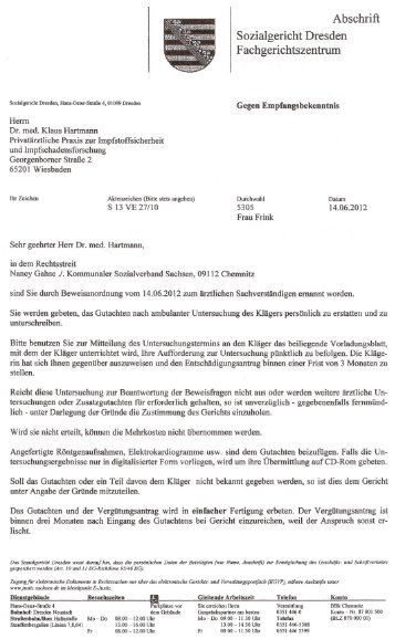 Sozialgericht Dresden: Beweisanordnung vom 14.6.2012