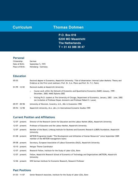 Curriculum Vitae Thomas Dohmen Roa Maastricht University