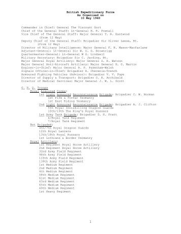 British Expeditionary Force As Organised on 10 May 1940