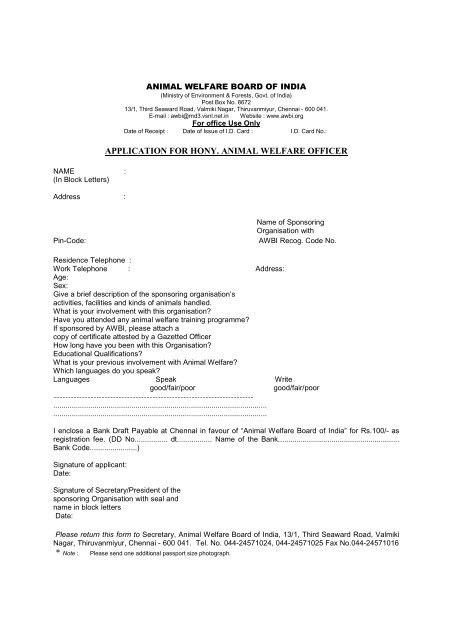 Application Form for HAWO Card - Animal Welfare Board of India