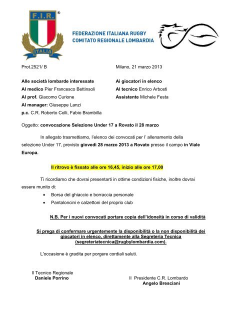 selezione u17 - rovato - 28 marzo - Comitato Regionale Lombardo ...
