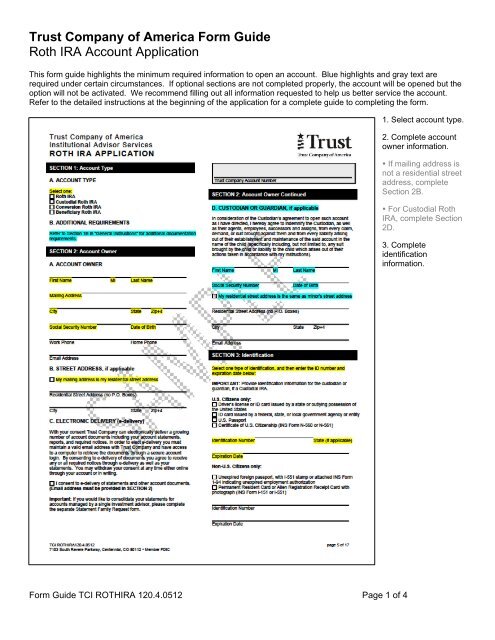 Trust Company of America Form Guide Roth IRA Account Application