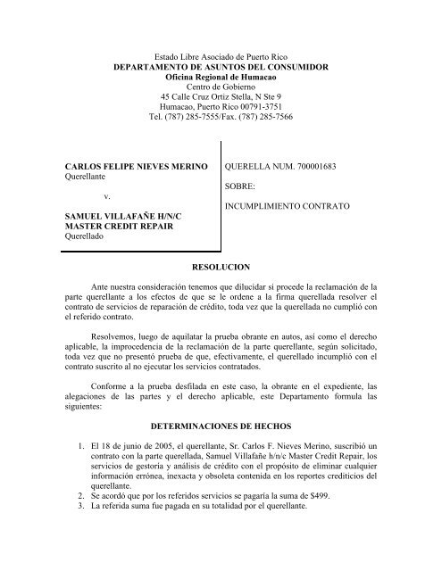 Carlos Felipe Nieves Merino v. Samuel Villafane h/n/c ... - DACO