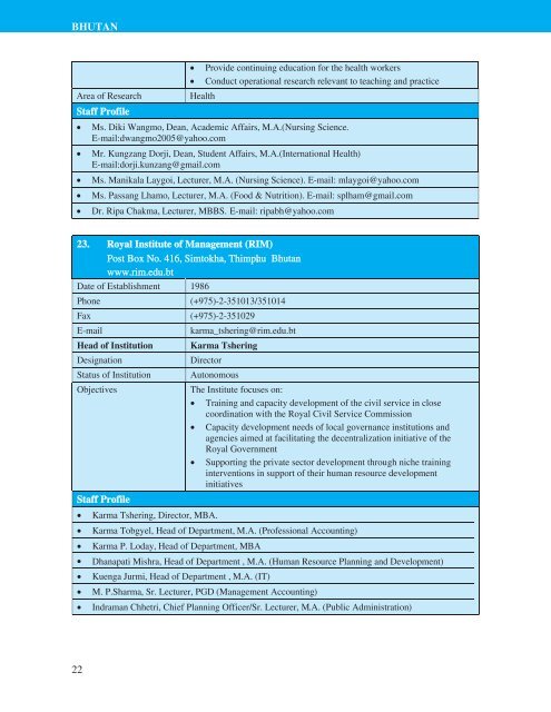 Directory of HRD Institutions & Experts in the SAARC Region