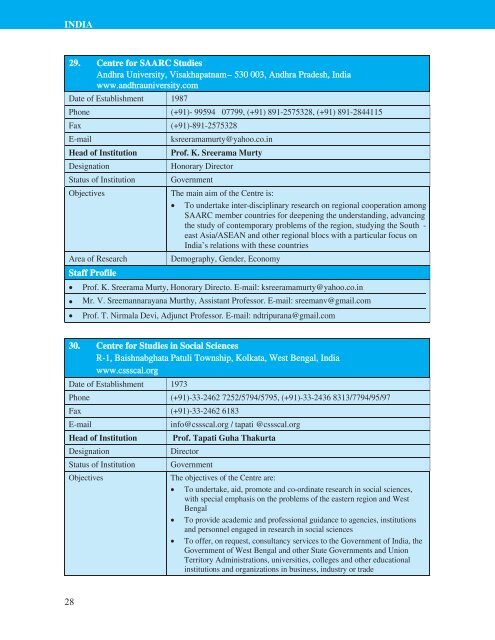 Directory of HRD Institutions & Experts in the SAARC Region