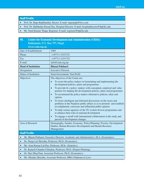 Directory of HRD Institutions & Experts in the SAARC Region