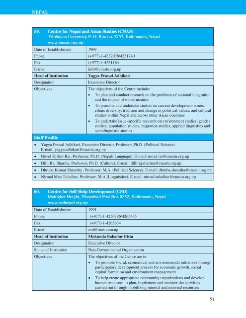 Directory of HRD Institutions & Experts in the SAARC Region