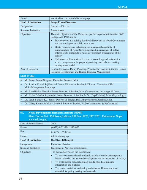 Directory of HRD Institutions & Experts in the SAARC Region