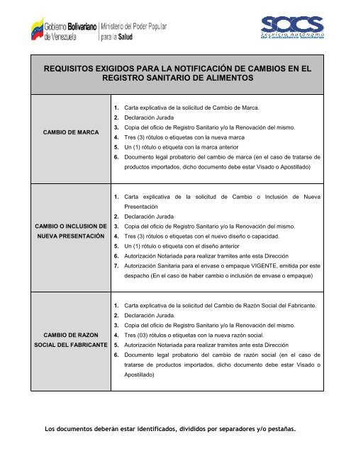 Notificaciones de Cambio de Registros Sanitarios de Alimentos