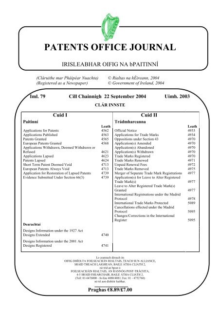 PATENTS OFFICE JOURNAL - Irish Patents Office