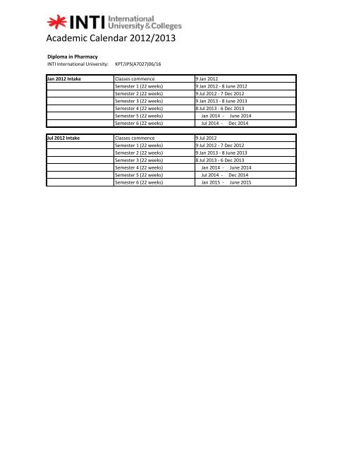 Academic Calendar 2012/2013 - INTI International University