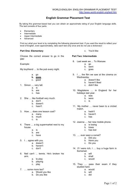 Page 1 of 2 English Grammar Placement Test