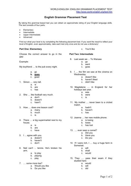 Page 1 Of 2 English Grammar Placement Test